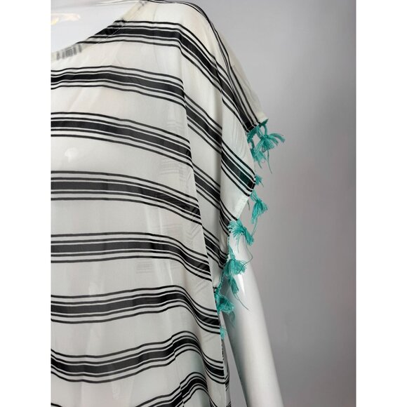 Black & White Striped Lightweight Kaftan With Tassels One Size 100% Polyester Wo - Picture 13 of 16